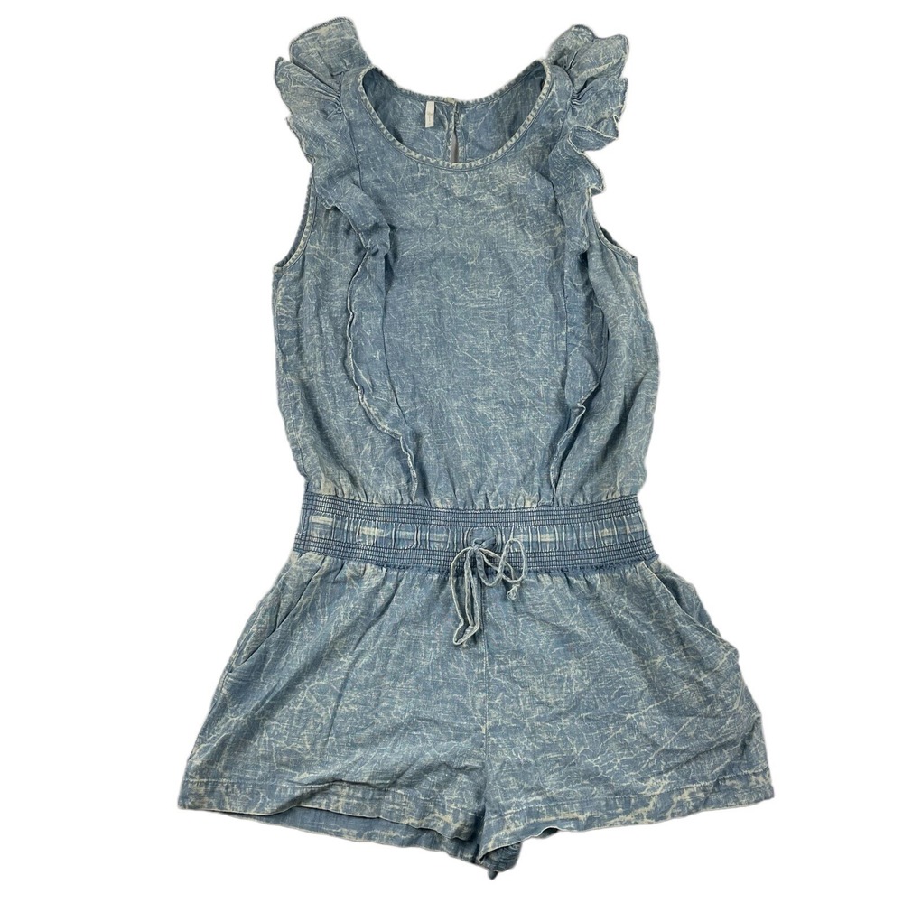 7 For All Mankind Romper Sz S Ruffled Trims Elastic Waist Acid Wash Button Back